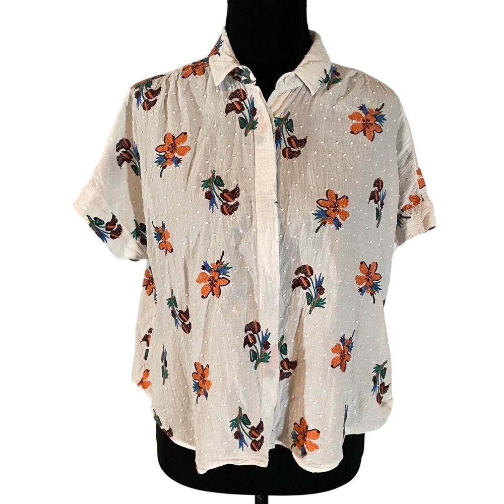 Cotton White Floral Embroidered Short Sleeve Shirt Sm Retro Americana Boho Chic